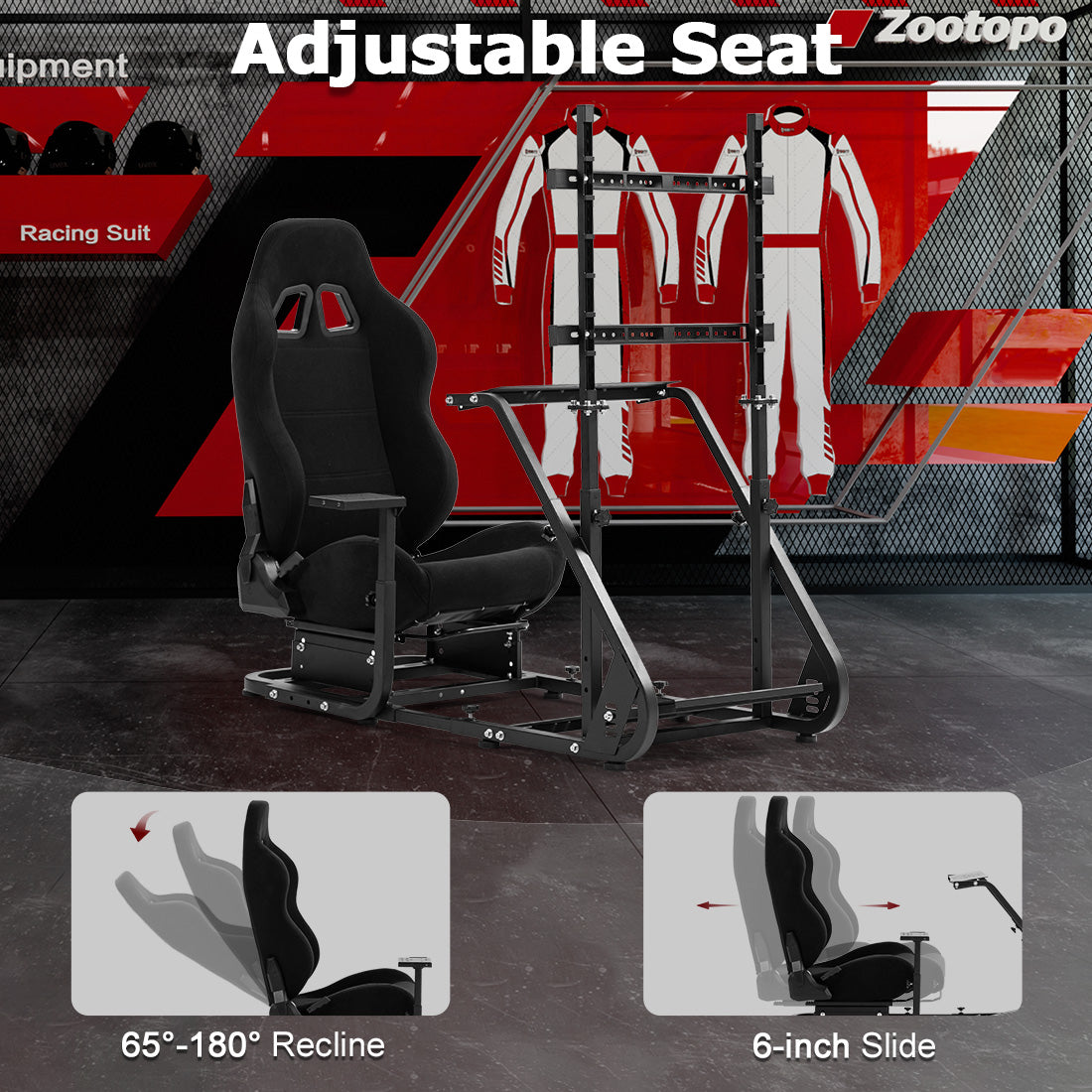 Zootopo Adjustable Sim Racing Cockpit with Black Seat Monitor Frame, Fit for Logitech/Thrustmaster/Fanatec G920 G923 G29 T80, Frame Double Arm Reinforcement, No Steering Wheel,Pedal,Handbra,Display