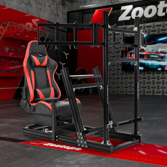 Zootopo 8040 Aluminum Profile Racing Simulaor Cockpit with Red Seat & Triple Display Stand Fit for Logitech/Thrustmaster/Fanatec G920,G923&T80 Professional,F1 Trunk,No Handbrake,Pedals,Steering Wheel