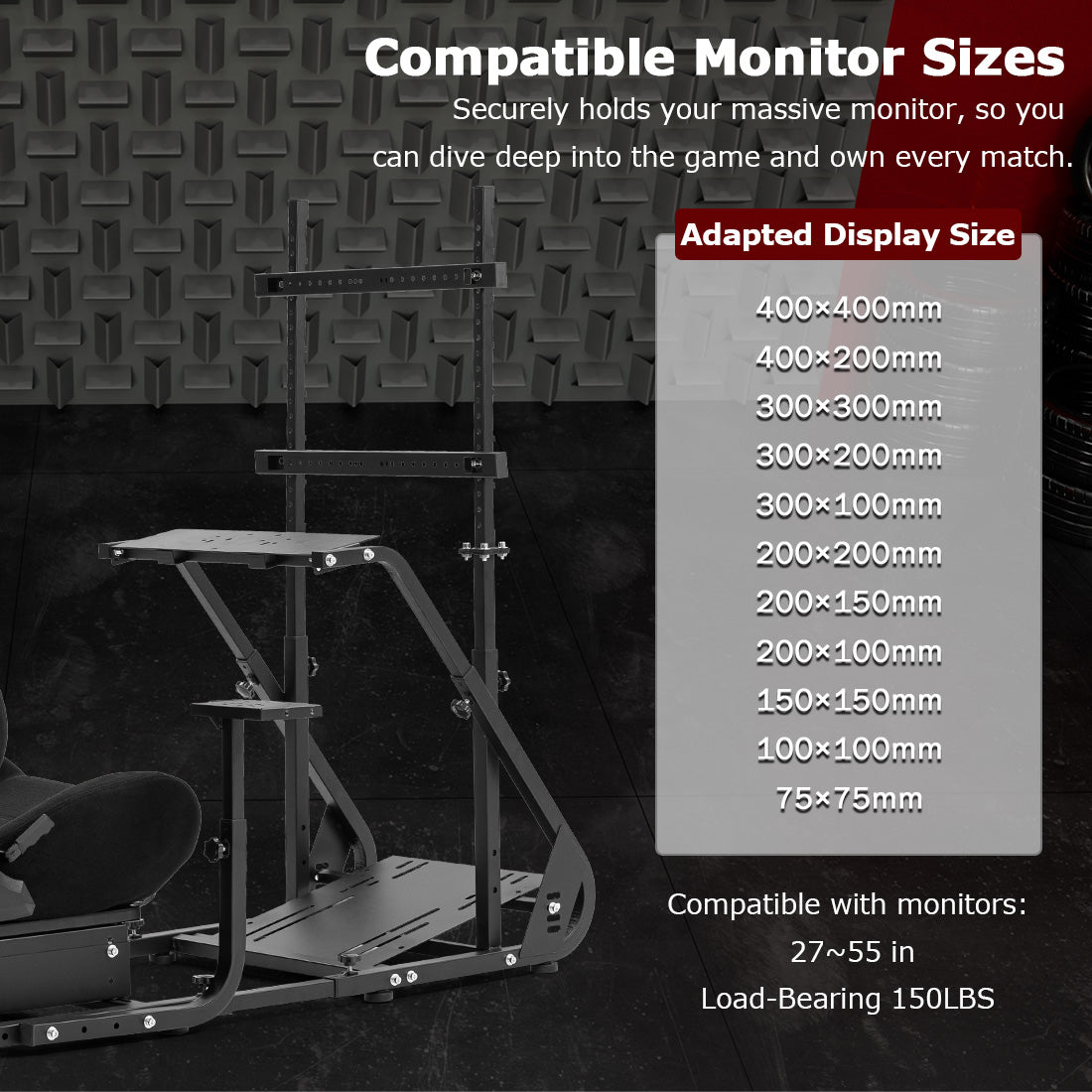 Zootopo Adjustable Sim Racing Cockpit with Black Seat Monitor Frame, Fit for Logitech/Thrustmaster/Fanatec G920 G923 G29 T80, Frame Double Arm Reinforcement, No Steering Wheel,Pedal,Handbra,Display