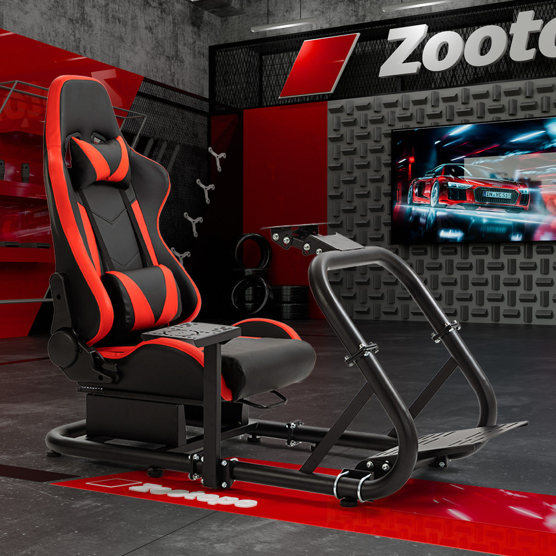 Zootopo Professional Racing Simulator Cockpit Frame with Red Seat, Fit for Logitech G920/Thrustmaster/Moza, Streamlined Dual-arm Design, No Wheel, Pedals, Handbrake and Monitor Stand