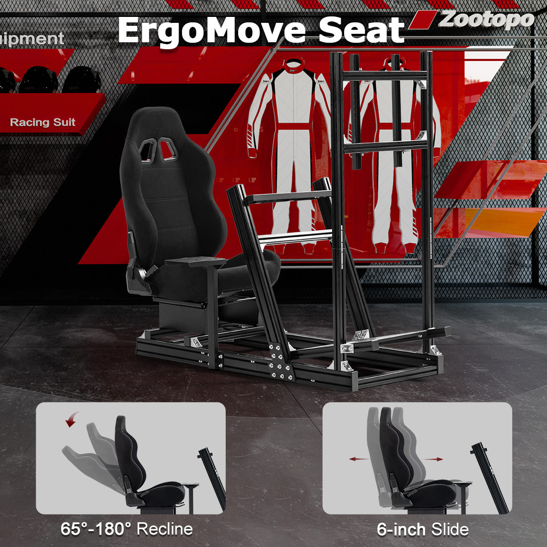 Zootopo 8040 Aluminum Profile Racing Simulator Cockpit with Black Seat & Monitor Frame Fit for Logitech/Thrustmaster/Fanatec G25 G27 G29 G923 T80,F1 Trunk,No Handbrake,Pedals & Steering Wheel