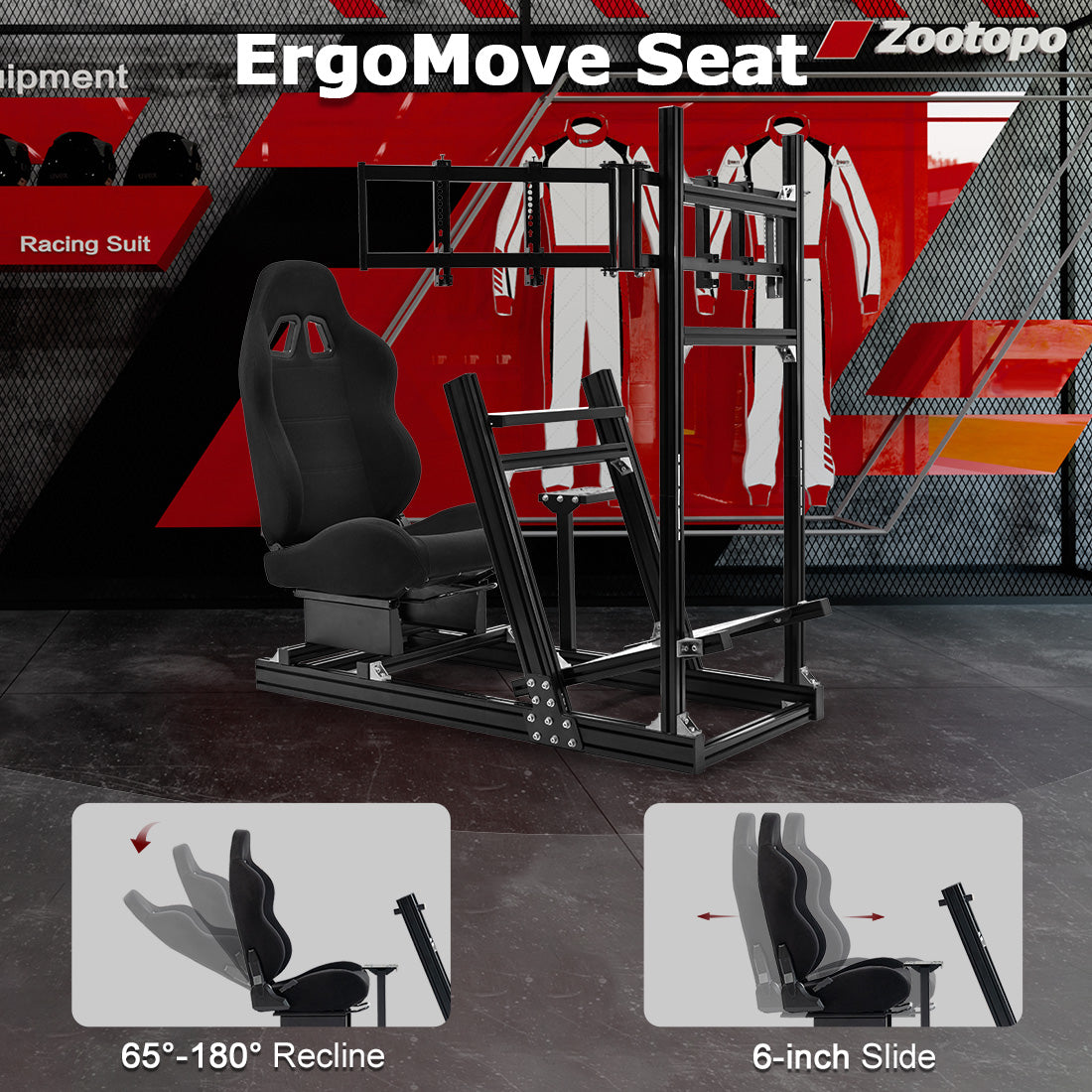 Zootopo 8040 Aluminum Profile Racing Simulator Cockpit with Black Seat & Triple Display Stand Fit for Logitech/Thrustmaster/Fanatec G25 G27 G29 G923 T80,F1 Trunk,No Handbrake,Pedals & Steering Wheel