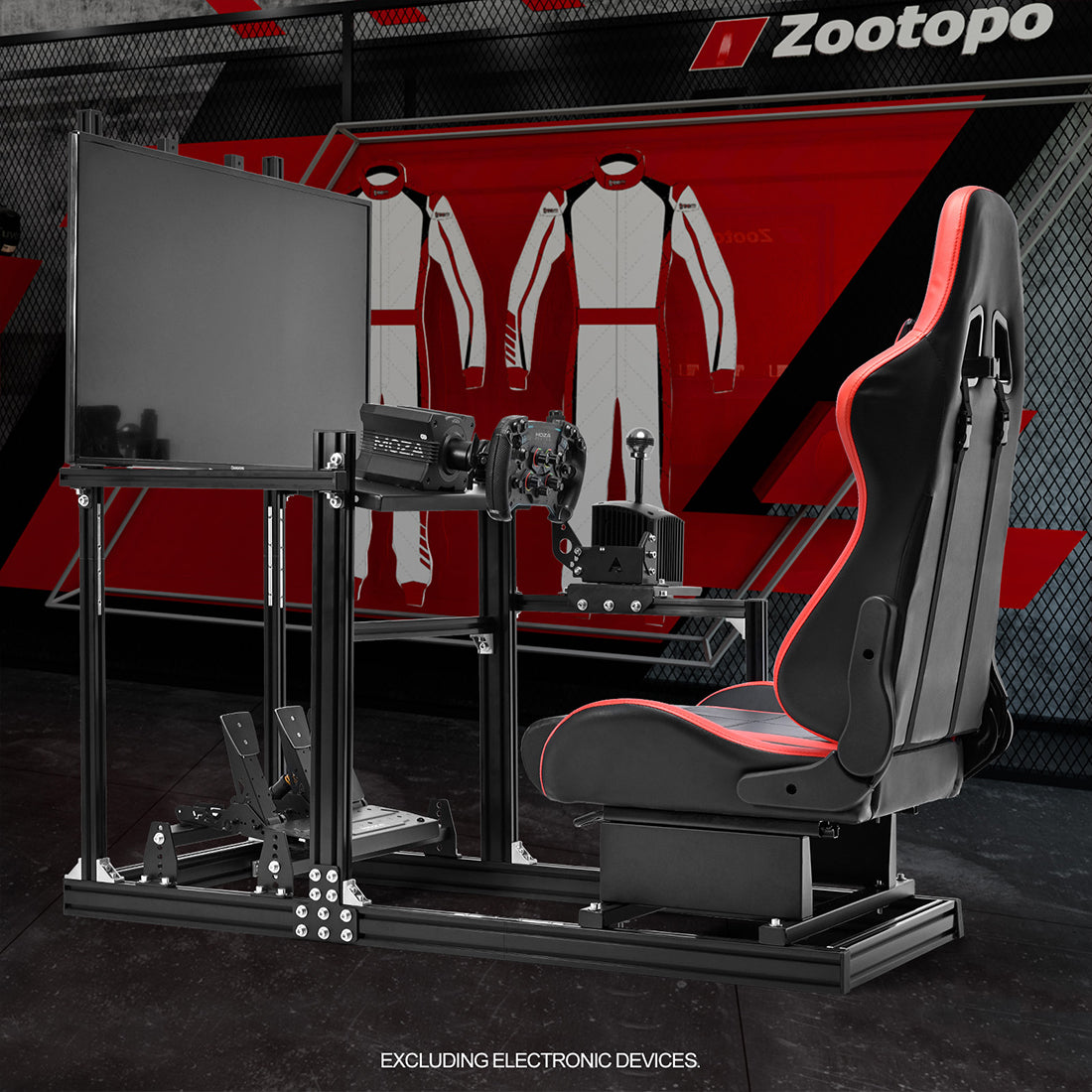 Zootopo Racing Simulator Cockpit with Red Seat and Monitor Mount, crafted from 3060 Aluminum Profile,Fit for Thrustmaster/Fanatec/Logitech G29 GPro, Unlimited Adjustment,Not Include Steering Wheel,Pedals,Handbrake