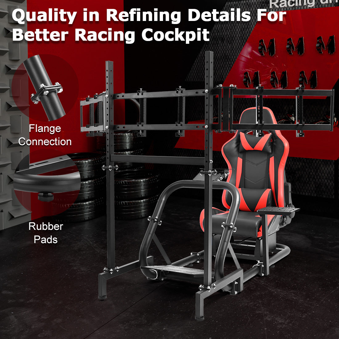 Zootopo Professional Racing Simulator Cockpit Frame with Red Seat&Triple Monitor Stand, Fit for Logitech G920/Thrustmaster/Moza, Shifter Platform Upgrade, No Wheel, Pedals, Handbrake and Monitor