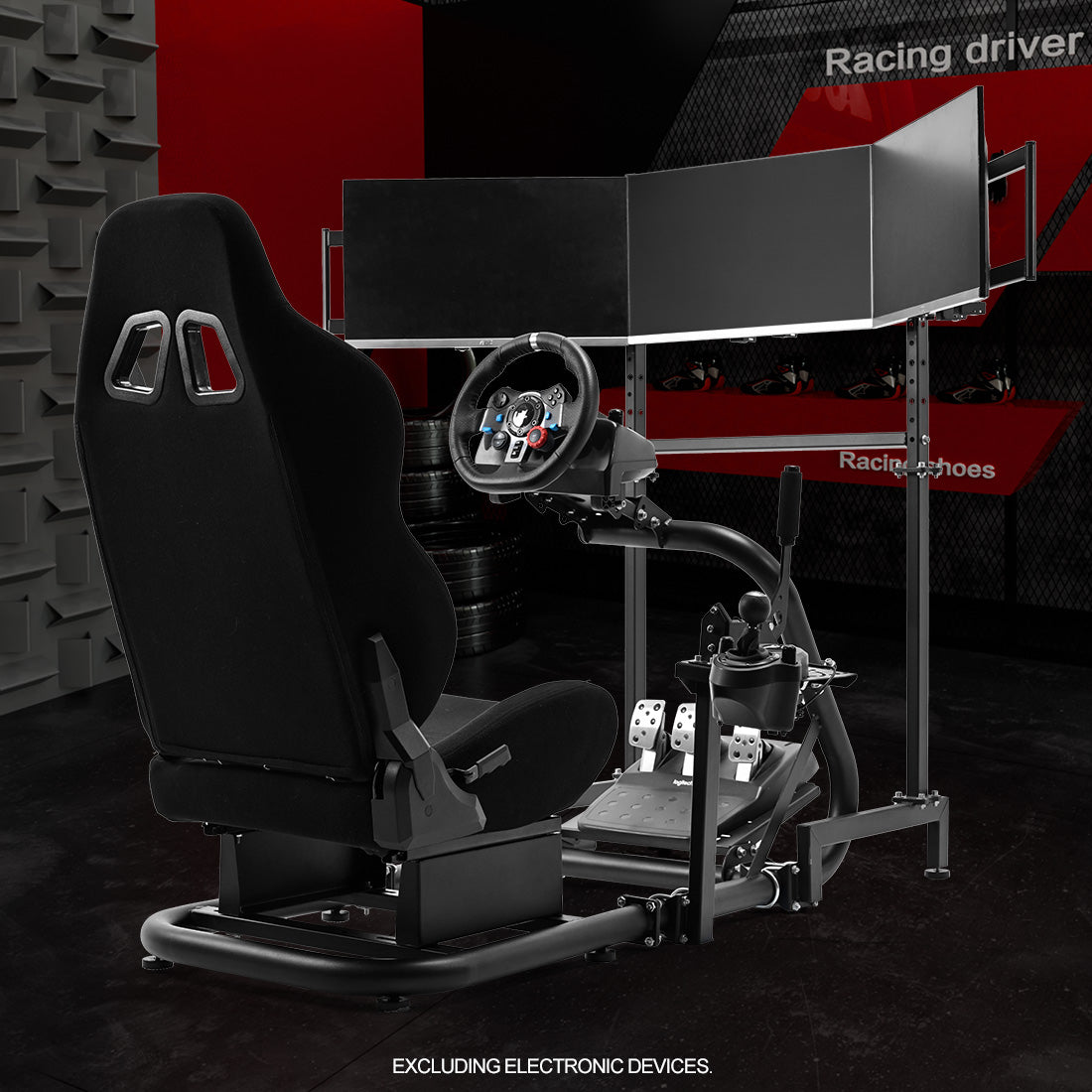 Zootopo Racing Simulator Cockpit With Triple Monitor Stand and Black Seat Suitable for Logitech/Thrustmaster T500RS TX G29 G920 G923 CSL-DD, Without Steering Wheel, Pedals, Handbrake