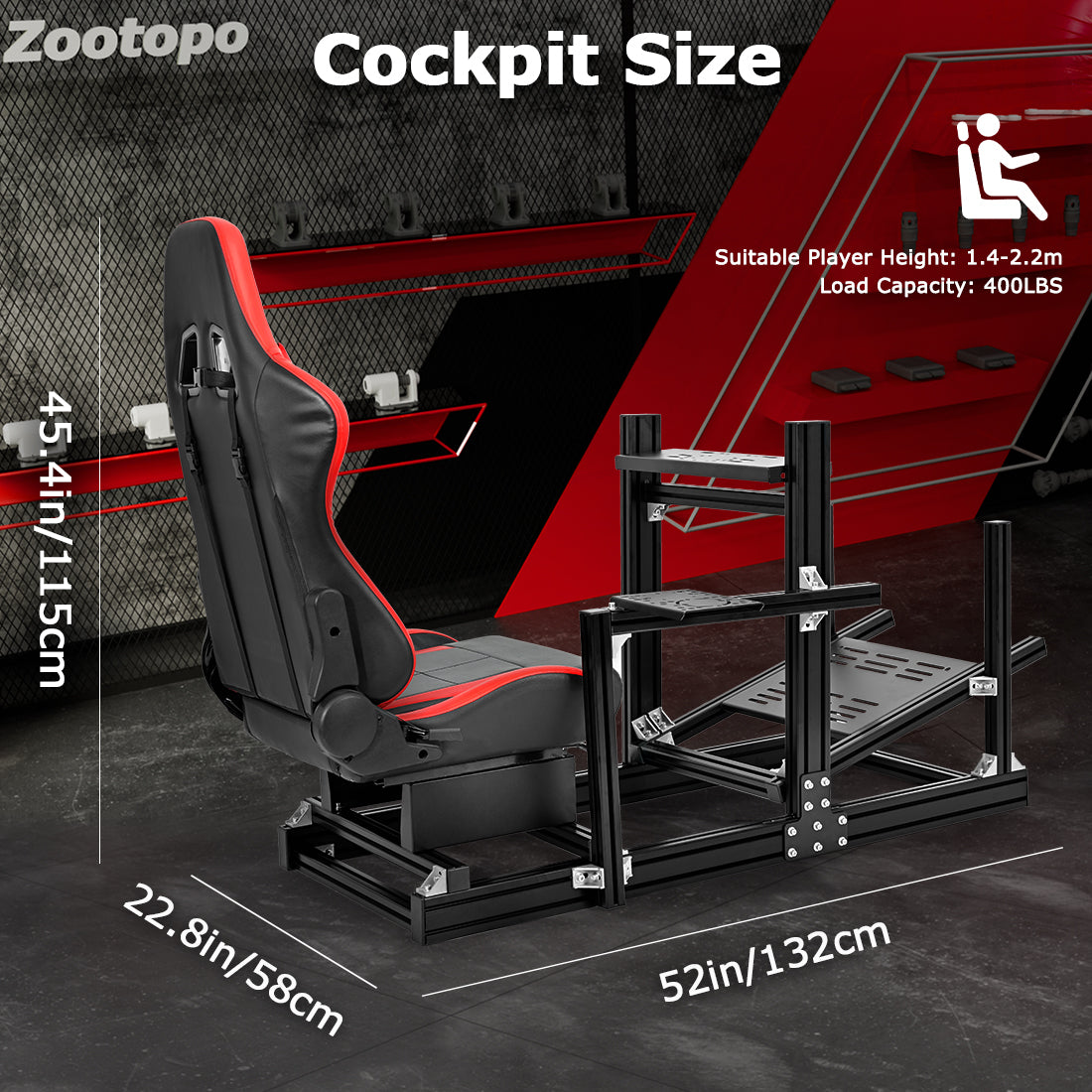 Zootopo 8040 Aluminum Profile Racing Sim Cockpit with Red Seat Fit Logitech G923 G920, Adjuatable Driving Simulator Cockpit Not Include Steering Wheel,Pedals,Handbrake