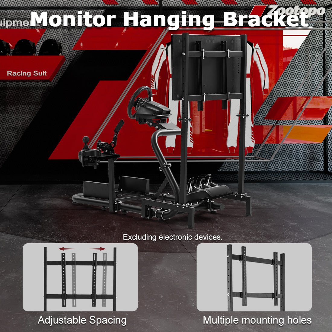 Zootopo Adjustable Racing Simulator Cockpit φ50mm Round Tubing with Monitor Mount, Compatible with Logitech G25/G29/G920/G923 and Thrustmaster T300 Gaming Stands. Does not include steering wheel, handbrake, pedals, and seat.