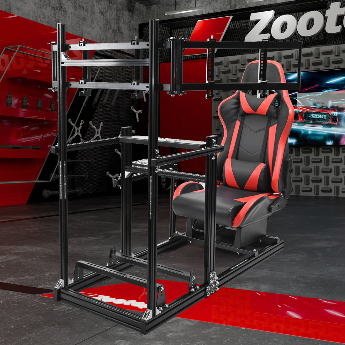 Zootopo 3060 Aluminum Profile Racing Simulator Cockpit with Red Seat and Triple-monitor Setup, Fit for Thrustmaster,for Fanatec,for Logitech G29 , Adjustable Driving Simulator Cockpit, Does Not Include Steering Wheel, Pedals, or Handbrake