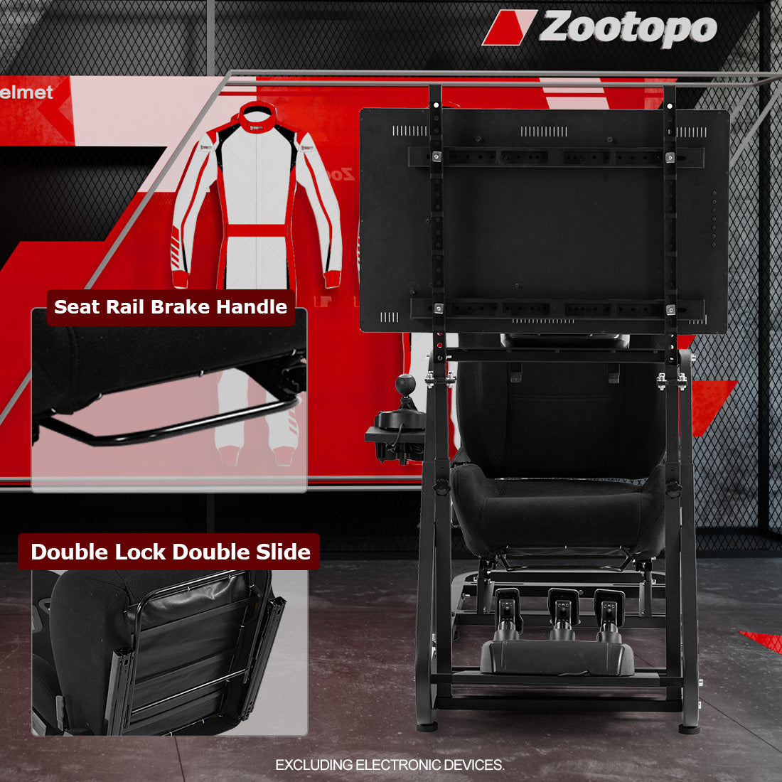 Zootopo Adjustable Sim Racing Cockpit with Black Seat Monitor Frame, Fit for Logitech/Thrustmaster/Fanatec G920 G923 G29 T80, Frame Double Arm Reinforcement, No Steering Wheel,Pedal,Handbra,Display