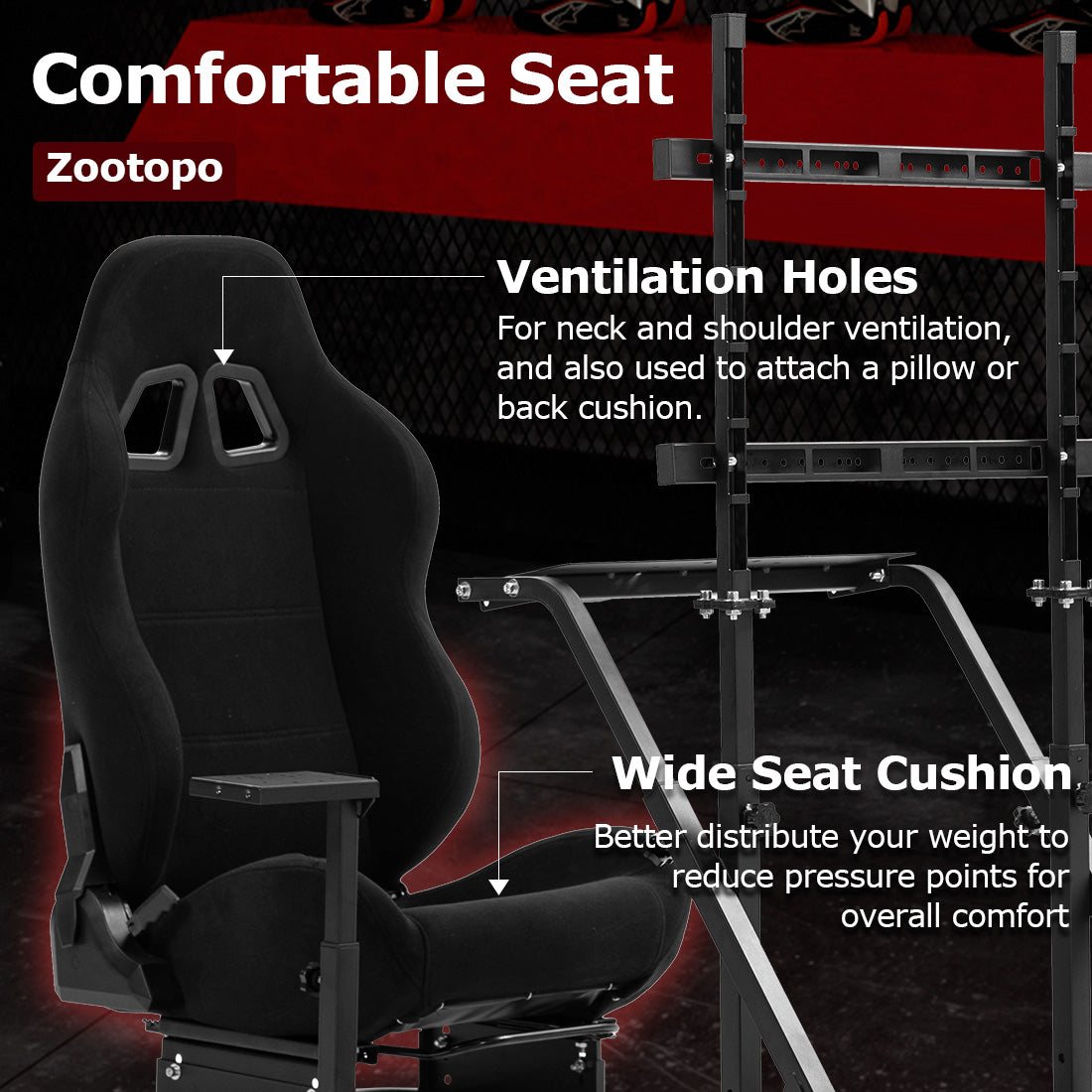 Zootopo Adjustable Sim Racing Cockpit with Black Seat Monitor Frame, Fit for Logitech/Thrustmaster/Fanatec G920 G923 G29 T80, Frame Double Arm Reinforcement, No Steering Wheel,Pedal,Handbra,Display