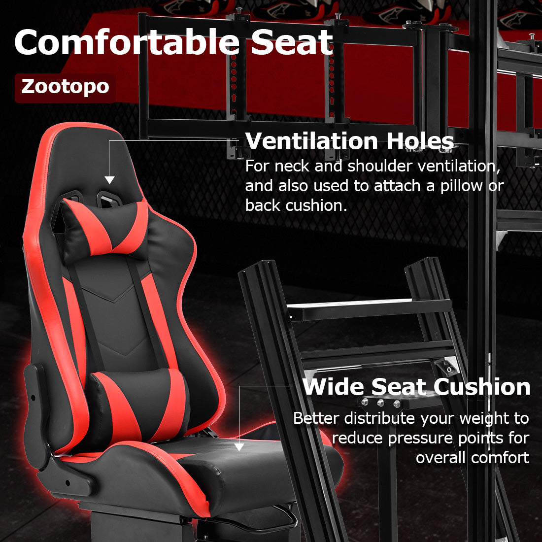 Zootopo 8040 Aluminum Profile Racing Simulaor Cockpit with Red Seat & Triple Display Stand Fit for Logitech/Thrustmaster/Fanatec G920,G923&T80 Professional,F1 Trunk,No Handbrake,Pedals,Steering Wheel