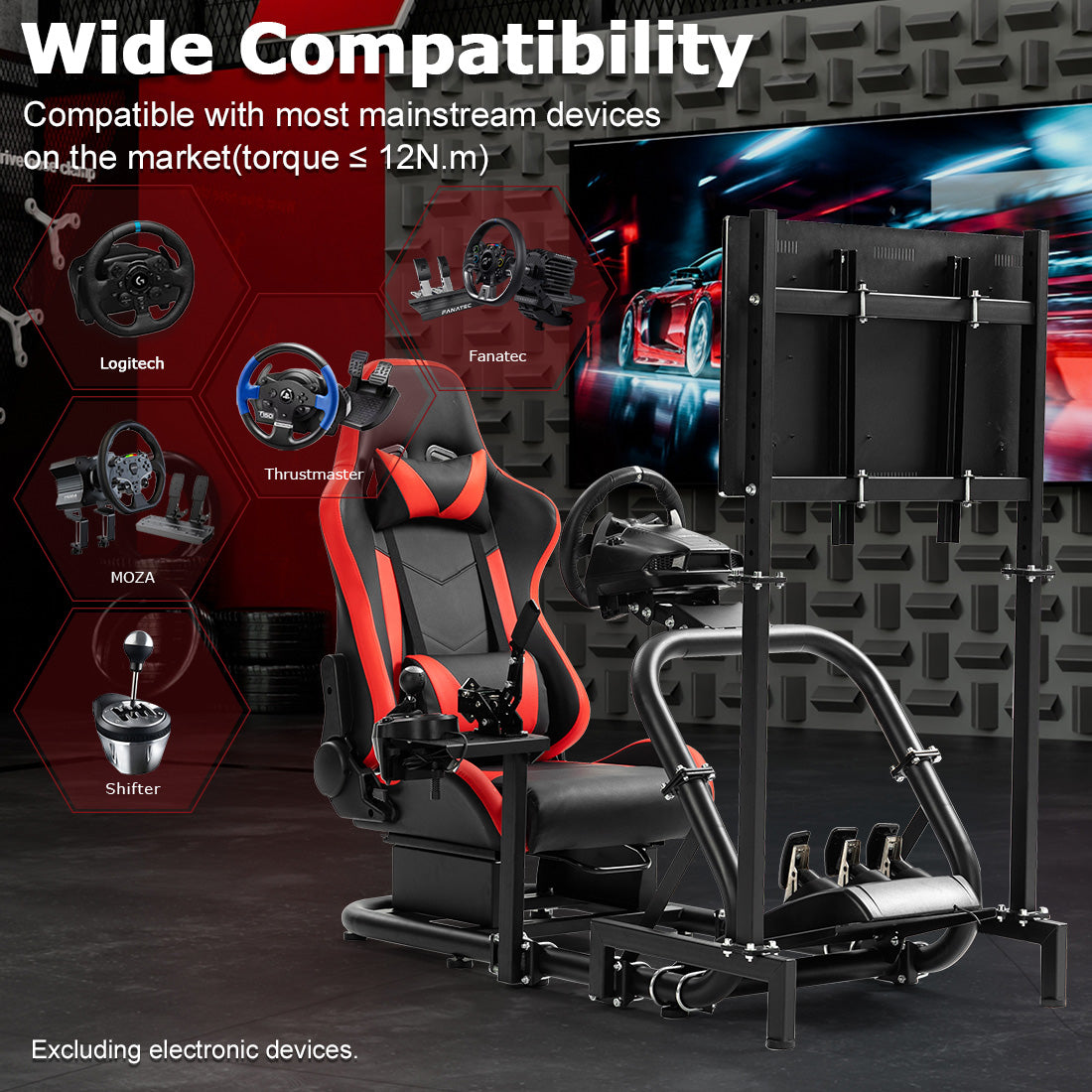 Zootopo Professional Racing Simulator Cockpit Frame with Red Seat&Monitor Stand, Fit for Logitech G920/Thrustmaster/Moza, Streamlined Dual-arm Design, No Wheel, Pedals, Handbrake and Monitor