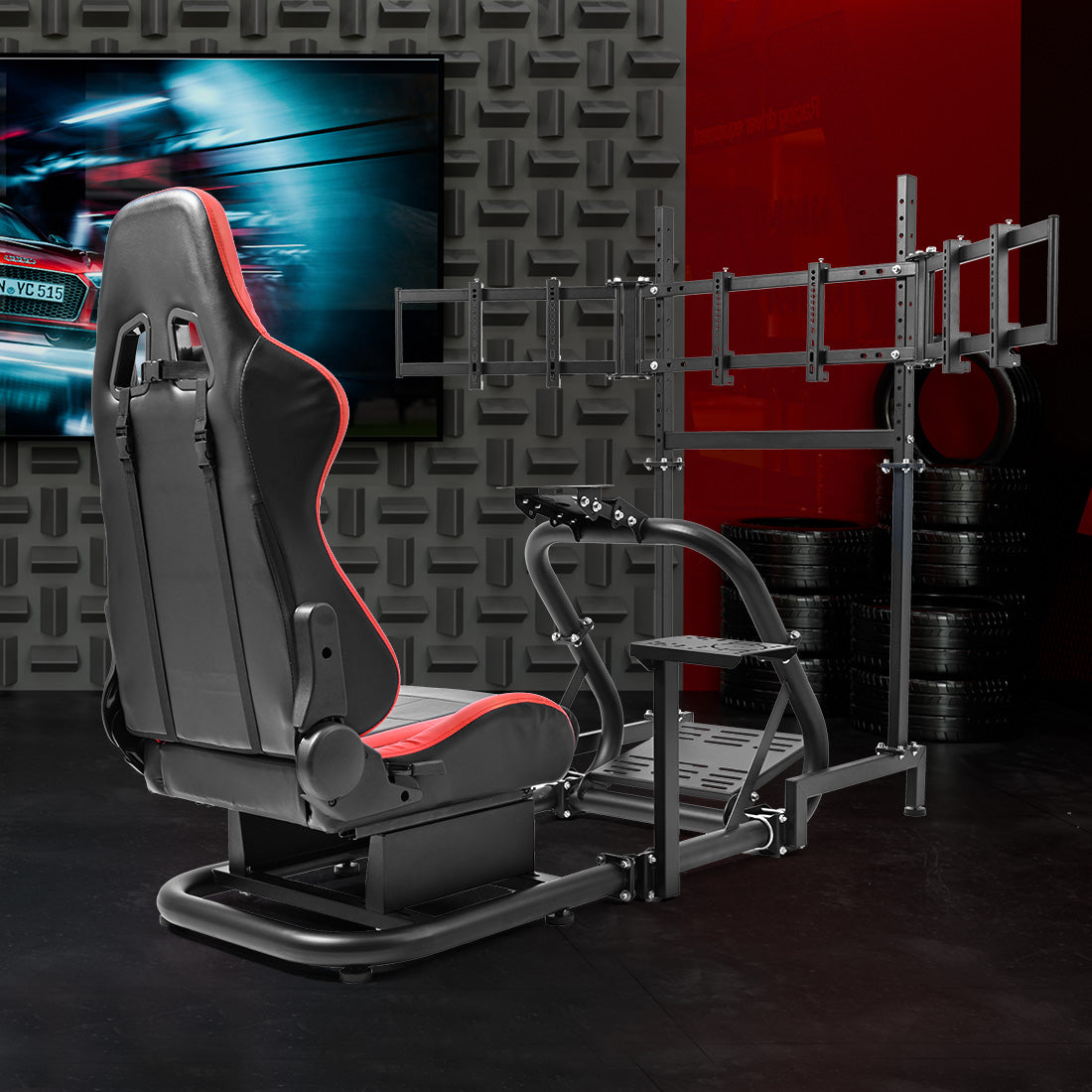 Zootopo Professional Racing Simulator Cockpit Frame with Red Seat&Triple Monitor Stand, Fit for Logitech G920/Thrustmaster/Moza, Shifter Platform Upgrade, No Wheel, Pedals, Handbrake and Monitor