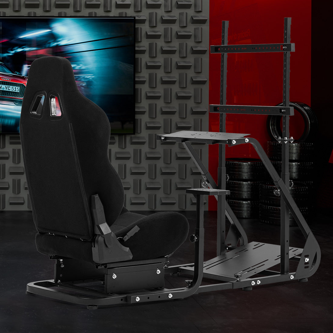Zootopo Adjustable Sim Racing Cockpit with Black Seat Monitor Frame, Fit for Logitech/Thrustmaster/Fanatec G920 G923 G29 T80, Frame Double Arm Reinforcement, No Steering Wheel,Pedal,Handbra,Display