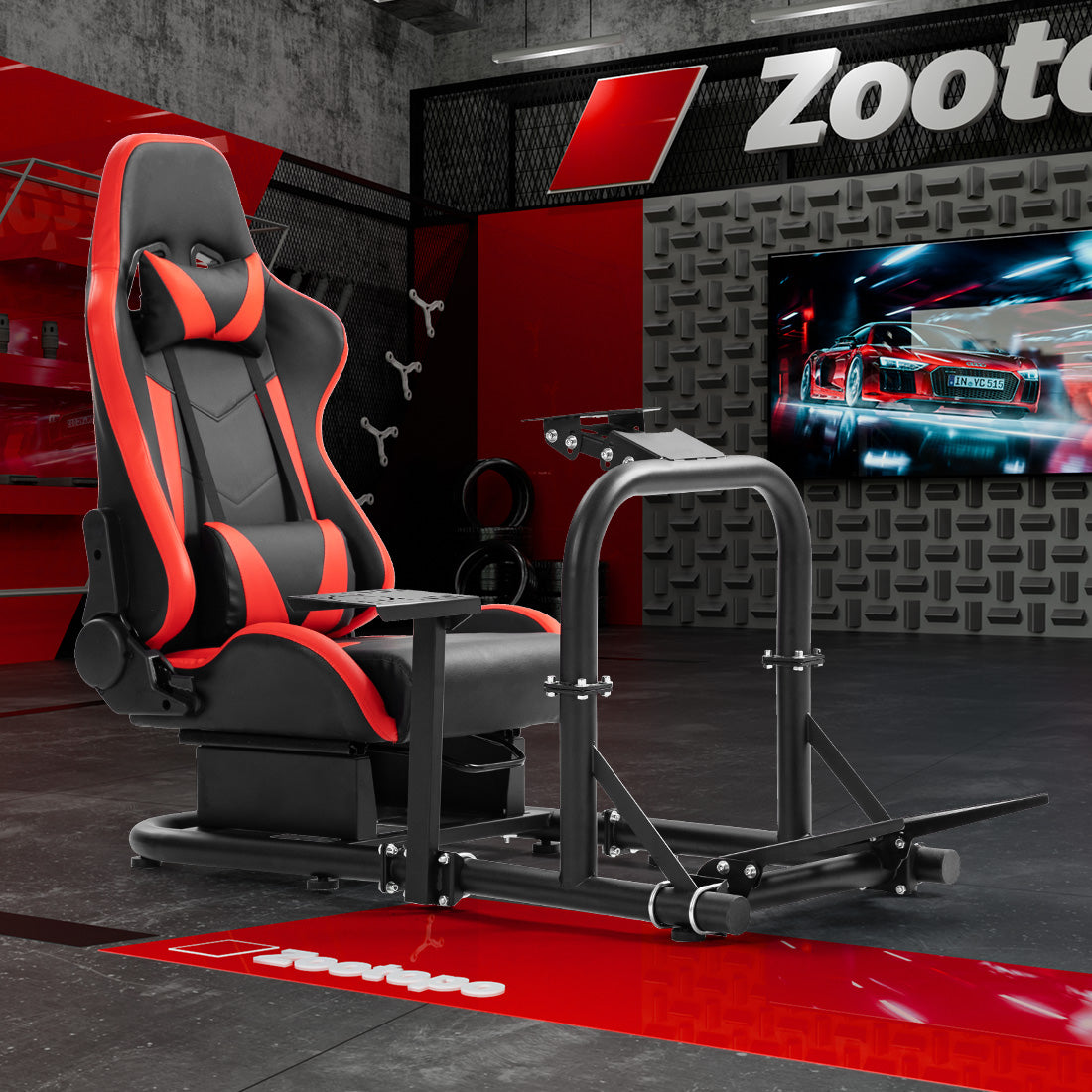 Zootopo G920 Racing Simulator Cockpit with Red Seat Frame Large Round Tube Stable and Adjustable Racing Wheel Stand Fit for Logitech G25 G27 G29 G920 Thrustmaster T80 T150 Wheel, Pedals and Shifter Not Include