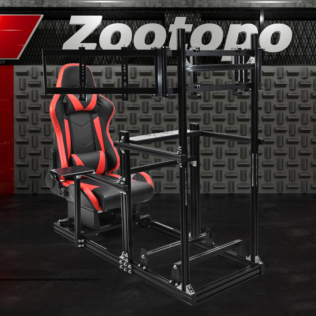 Zootopo 3060 Aluminum Profile Racing Simulator Cockpit with Red Seat and Triple-monitor Setup, Fit for Thrustmaster,for Fanatec,for Logitech G29 , Adjustable Driving Simulator Cockpit, Does Not Include Steering Wheel, Pedals, or Handbrake