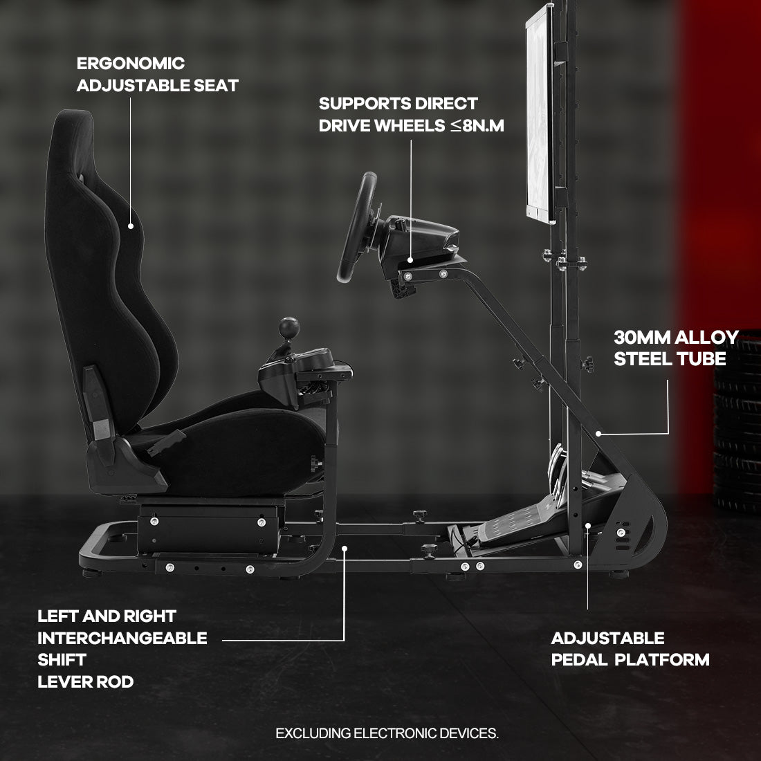Zootopo Adjustable Sim Racing Cockpit with Black Seat Monitor Frame, Fit for Logitech/Thrustmaster/Fanatec G920 G923 G29 T80, Frame Double Arm Reinforcement, No Steering Wheel,Pedal,Handbra,Display