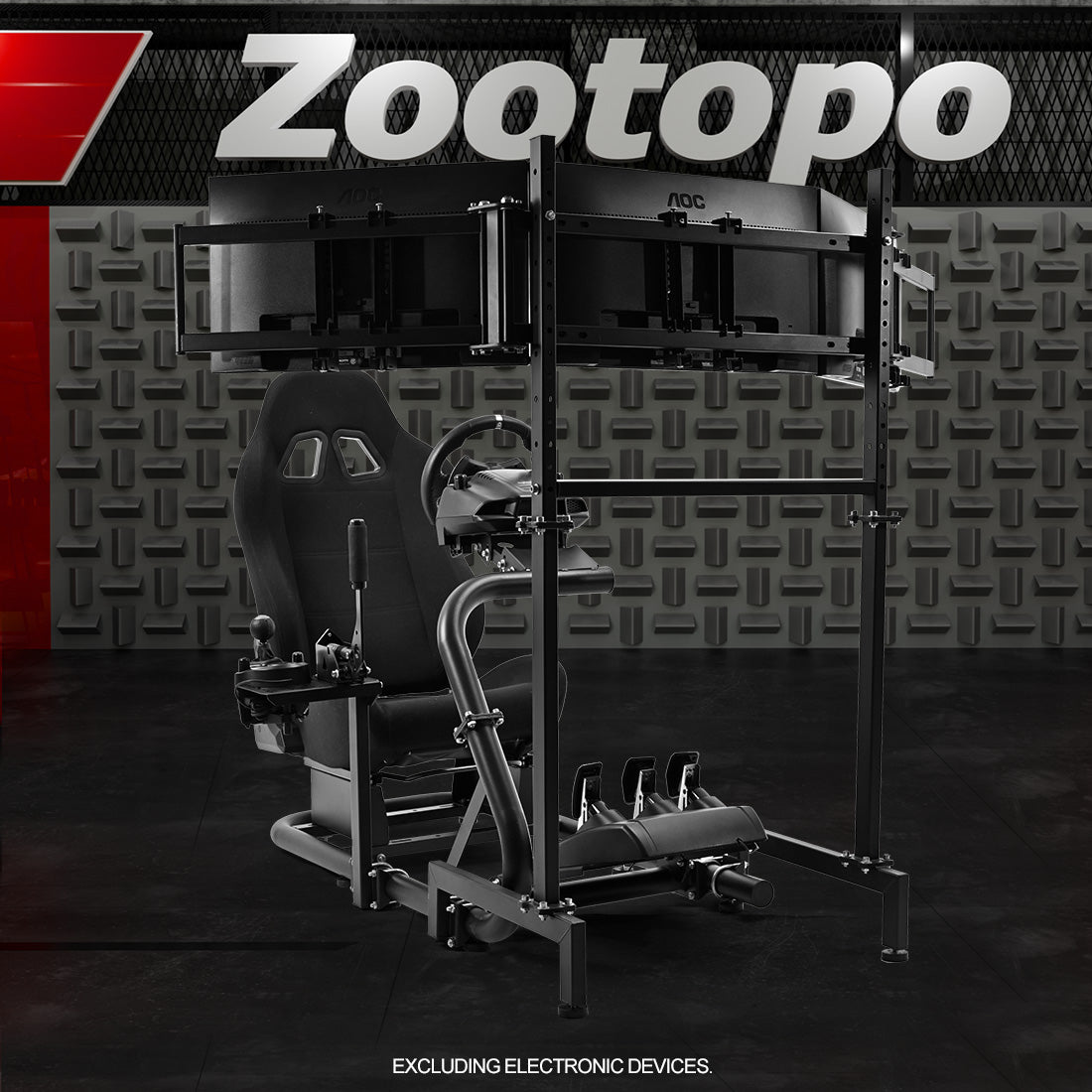 Zootopo Racing Simulator Cockpit With Triple Monitor Stand and Black Seat Suitable for Logitech/Thrustmaster T500RS TX G29 G920 G923 CSL-DD, Without Steering Wheel, Pedals, Handbrake