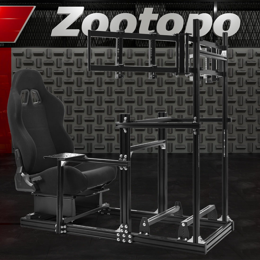 Zootopo 3060 Aluminum Profile Racing Simulator Cockpit with Black Seat and Triple-monitor Setup, Fit for Thrustmaster,for Fanatec,for Logitech G29 , Adjustable Driving Simulator Cockpit, Does Not Include Steering Wheel, Pedals, or Handbrake