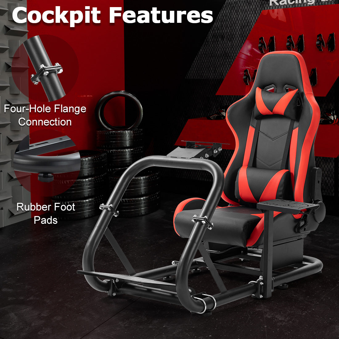 Zootopo Professional Racing Simulator Cockpit Frame with Red Seat, Fit for Logitech G920/Thrustmaster/Moza, Streamlined Dual-arm Design, No Wheel, Pedals, Handbrake and Monitor Stand