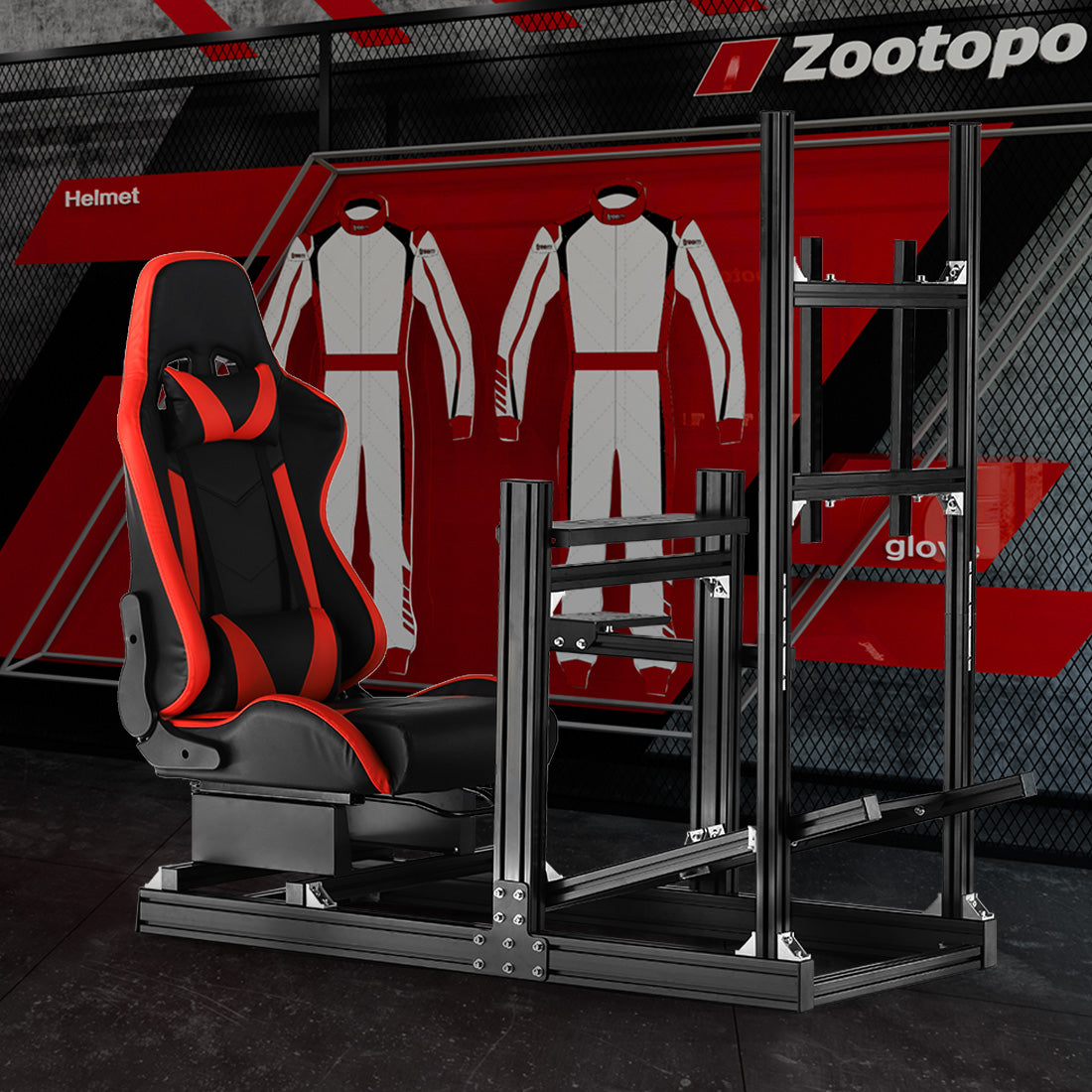 Zootopo 8040 Aluminum Profile Racing Sim Cockpit with Monitor Stand Fit Logitech G923 G920, Adjuatable Gaming Simulator Cockpit with Red Seat Not Include Steering Wheel,Pedals,Handbrake