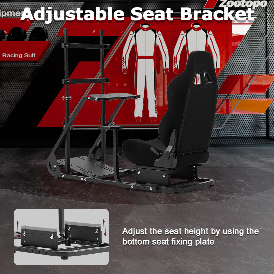 Zootopo Adjustable Sim Racing Cockpit with Black Seat Monitor Frame, Fit for Logitech/Thrustmaster/Fanatec G920 G923 G29 T80, Frame Double Arm Reinforcement, No Steering Wheel,Pedal,Handbra,Display