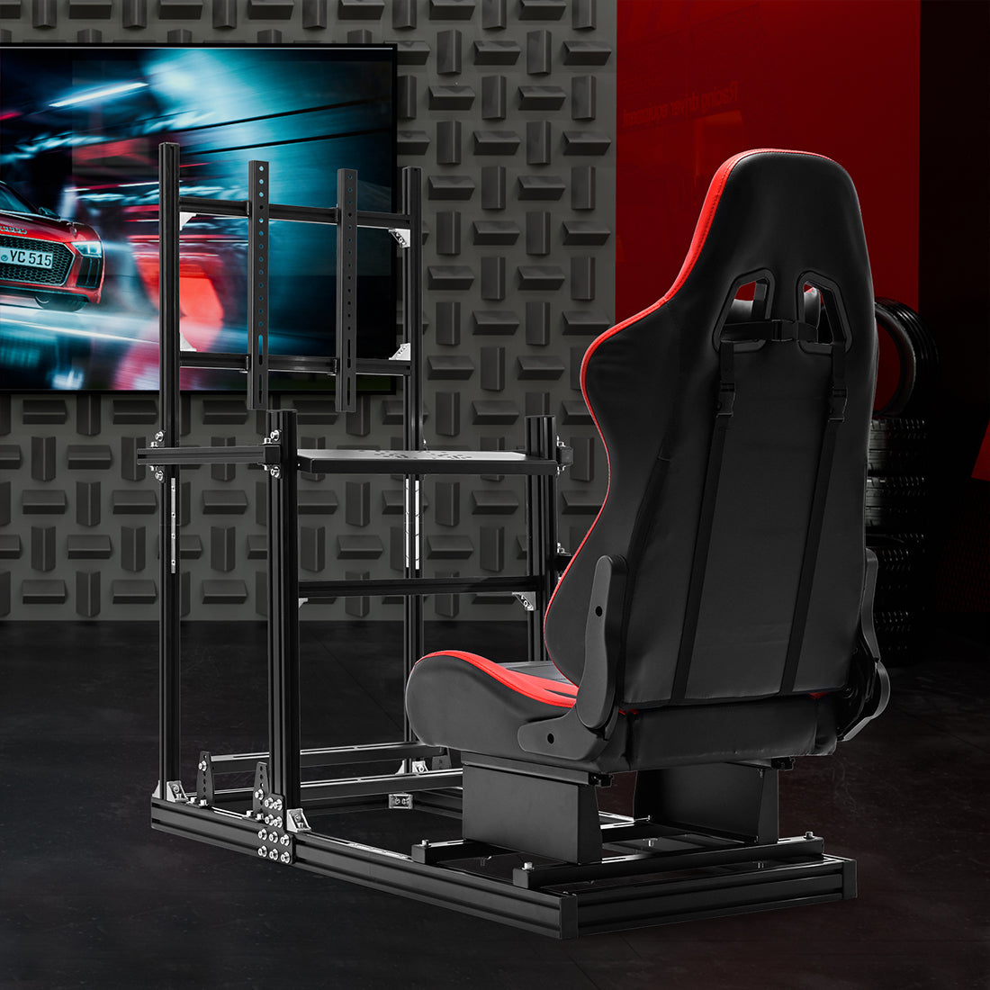 Zootopo Racing Simulator Cockpit with Red Seat and Monitor Mount, crafted from 3060 Aluminum Profile,Fit for Thrustmaster/Fanatec/Logitech G29 GPro, Unlimited Adjustment,Not Include Steering Wheel,Pedals,Handbrake