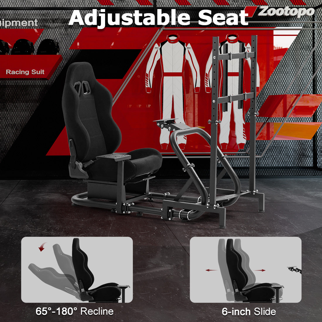 Zootopo Professional Racing Simulator Cockpit with TV Stand&Seat, Fit for Logitech G920/Thrustmaster/Moza, Streamlined Dual-arm Design, No Wheel, Pedals, Handbrake, and Monitor