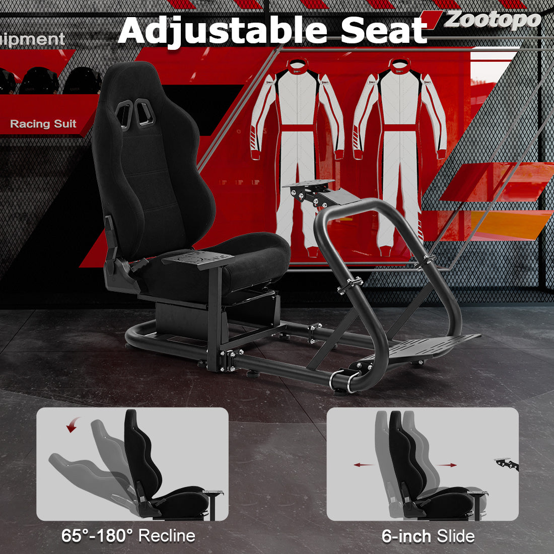 Zootopo Professional Racing Simulator Cockpit with Black Seat, Fit for Logitech G920/Thrustmaster/Moza, Streamlined Dual-arm Design, No Wheel, Pedals, Handbrake, and Monitor Stand