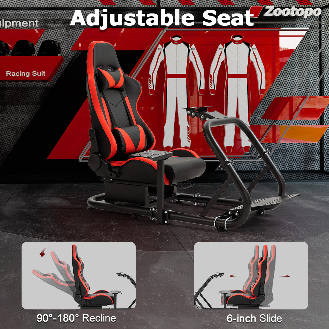 Zootopo Professional Racing Simulator Cockpit Frame with Red Seat, Fit for Logitech G920/Thrustmaster/Moza, Streamlined Dual-arm Design, No Wheel, Pedals, Handbrake and Monitor Stand